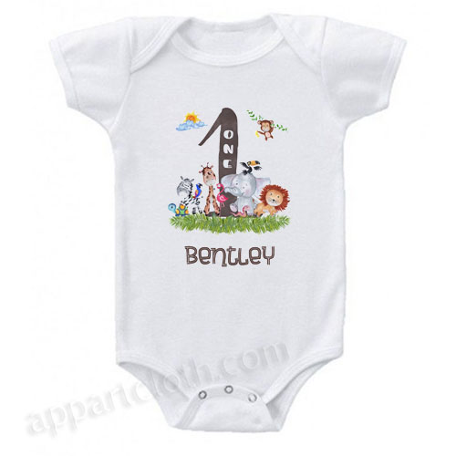 One Year Birthday Shirt or Onesie with Animals Funny Baby Onesie