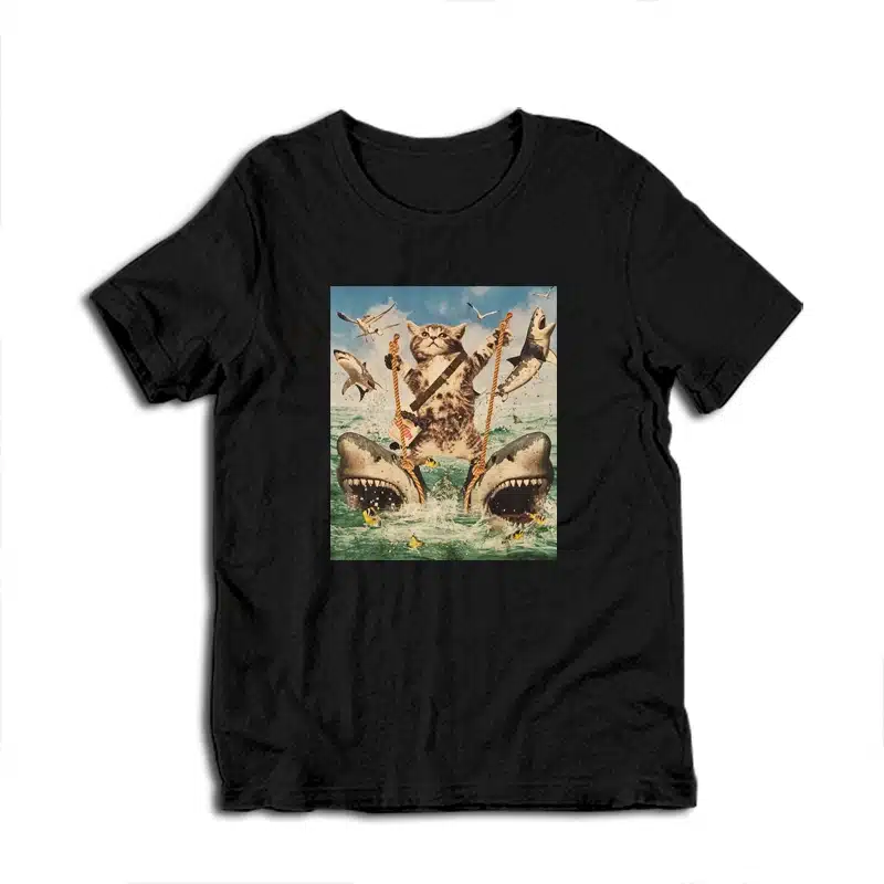 Cat Riding Sharks T-Shirt